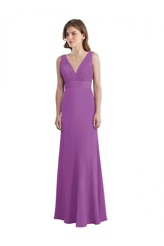 Chiffon Decote V Sem Mangas Lombar Comprimento Chão Linha A Longo Vestidos de Madrinha Baratos