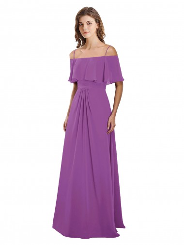 Chiffon Fora do Ombro Mangas Esvoaçantes Comprimento Chão Linha A Vestidos de Madrinha Baratos
