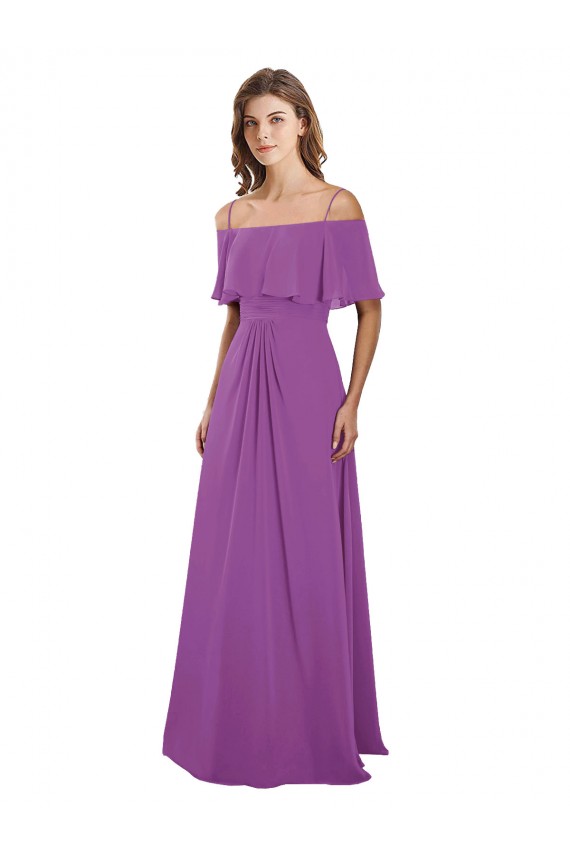 Chiffon Fora do Ombro Mangas Esvoaçantes Comprimento Chão Linha A Vestidos de Madrinha Baratos