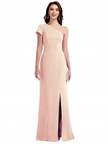 Crepe Esticado Um Ombro Mangas Curtas Comprimento Chão Vestidos de Madrinha / Vestidos de Noite / Vestidos de Festa Baratos