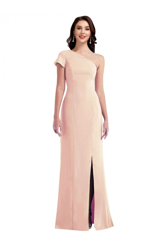 Crepe Esticado Um Ombro Mangas Curtas Comprimento Chão Vestidos de Madrinha / Vestidos de Noite / Vestidos de Festa Baratos
