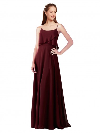 Chiffon Alças finas Sem Mangas Comprimento Chão Ouro Borgonha Vestidos de Madrinha Baratos