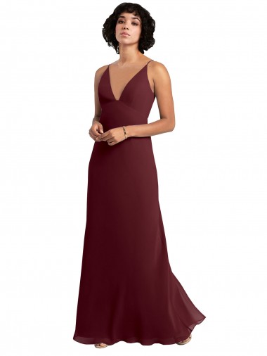 Chiffon Decote V Sem Mangas Costas em V Comprimento Chão Ouro Borgonha Linha A Vestidos de Madrinha Baratos