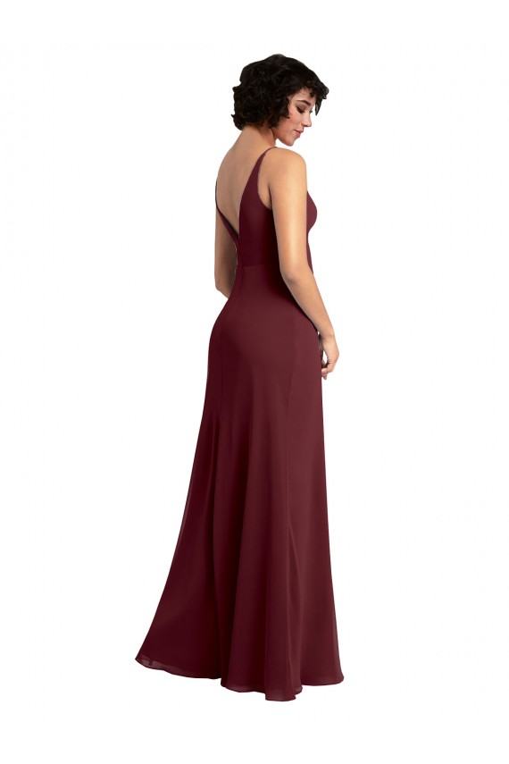 Chiffon Decote V Sem Mangas Costas em V Comprimento Chão Ouro Borgonha Linha A Vestidos de Madrinha Baratos