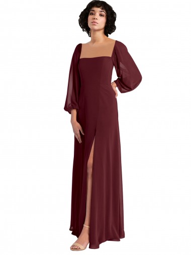 Chiffon Decote Quadrado Mangas Compridas Comprimento Chão Vestidos de Madrinha Baratos