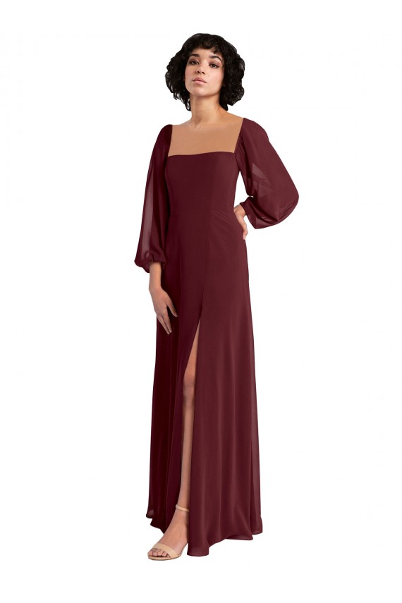 Chiffon Decote Quadrado Mangas Compridas Comprimento Chão Vestidos de Madrinha Baratos