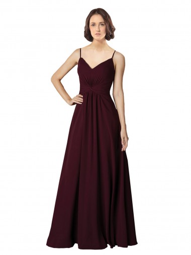 Chiffon Decote V Sem Mangas Comprimento Chão Ouro Borgonha Linha A Vestidos de Madrinha Baratos