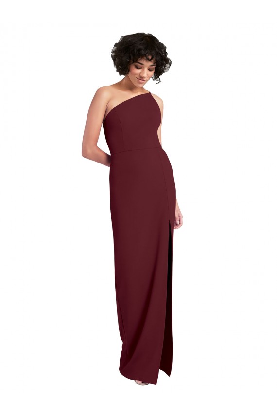 Crepe Esticado Um Ombro Sem Mangas Comprimento Chão Ouro Borgonha Bainha Vestidos de Madrinha / Vestidos de Noite / Vestidos de Festa Baratos