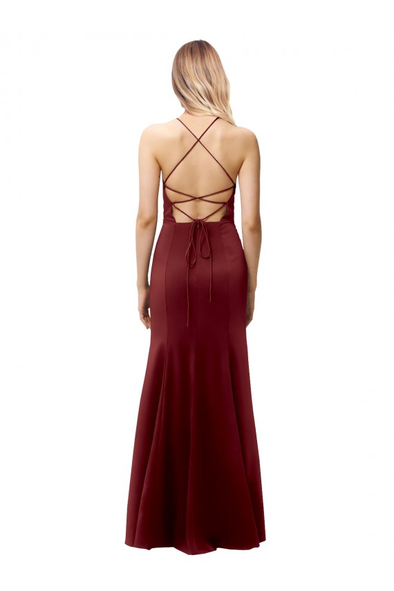 Crepe Esticado Cabeçada Sem Mangas Criss Cruz Comprimento Chão Sereia Vestidos de Madrinha / Vestidos de Noite / Vestidos de Festa Baratos
