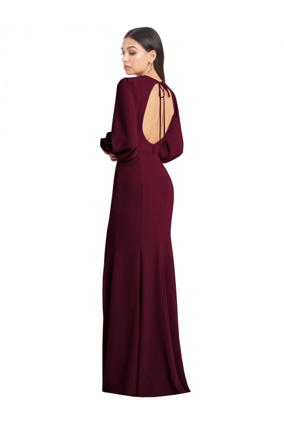 Crepe Esticado Barco Mangas Bufantes Abrir de volta Comprimento Chão Vestidos de Madrinha / Vestidos de Noite / Vestidos de Festa Baratos