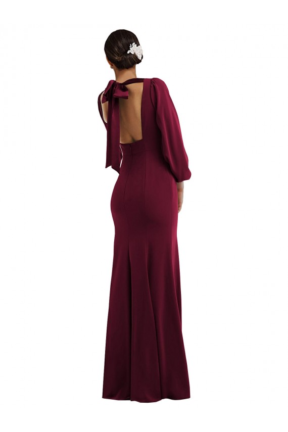 Crepe Esticado Barco Mangas Compridas, Mangas Bispo Abrir de volta Comprimento Chão Vestidos de Madrinha / Vestidos de Noite / Vestidos de Festa Baratos