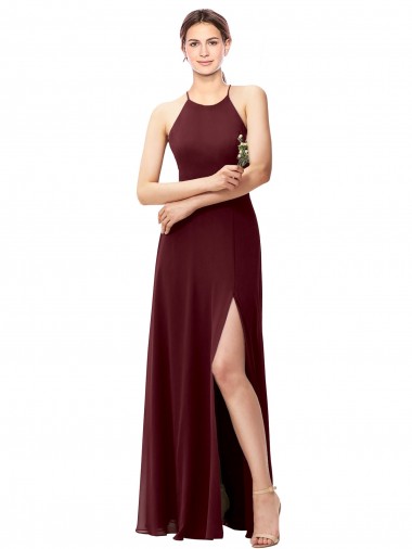Chiffon Cabeçada Sem Mangas Criss Cruz Comprimento Chão Linha A Vestidos de Madrinha Baratos