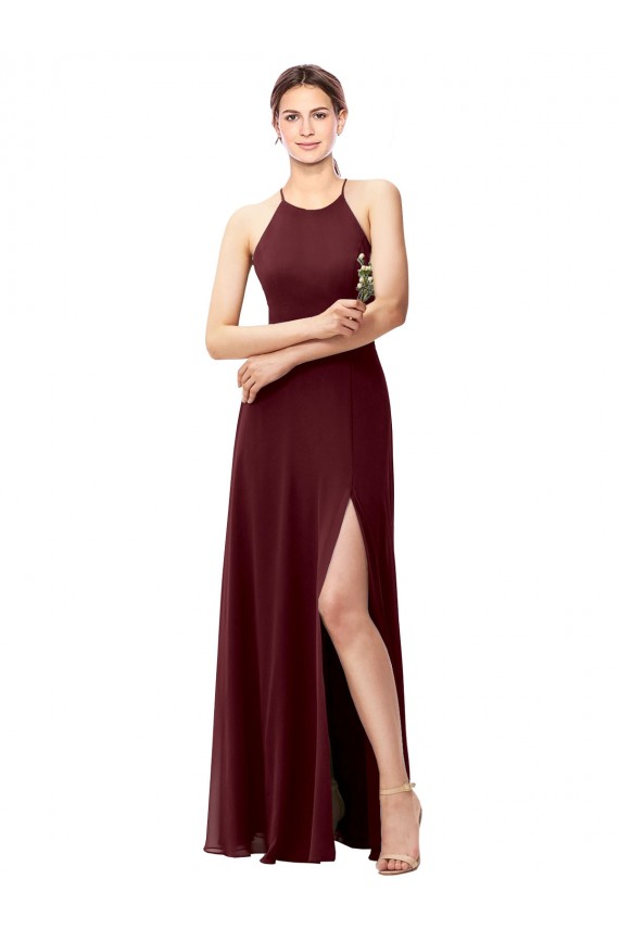 Chiffon Cabeçada Sem Mangas Criss Cruz Comprimento Chão Linha A Vestidos de Madrinha Baratos