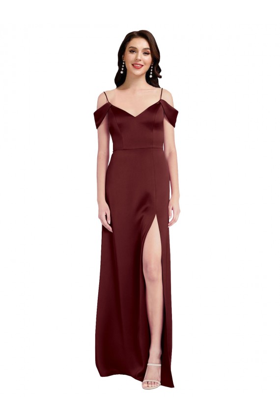 Cetim Elástico Fora do Ombro Sem Mangas Comprimento Chão Vestidos de Madrinha / Vestidos de Noite / Vestidos de Festa Baratos