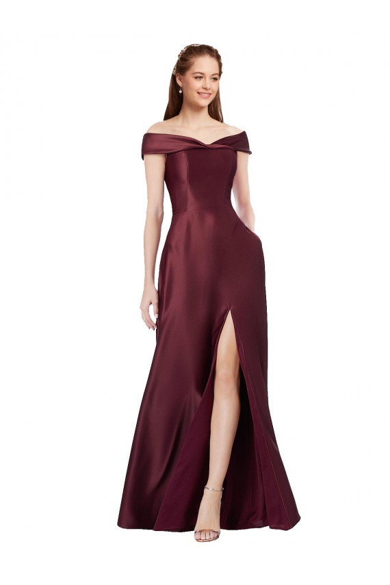 Cetim Fora do Ombro Mangas Curtas Comprimento Chão Vestidos de Madrinha / Vestidos de Noite / Vestidos de Festa Baratos