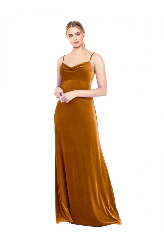 Veludo Elástico Alças finas Sem Mangas Comprimento Chão Vestidos de Madrinha / Vestidos de Festa Baratos
