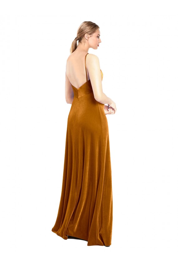 Veludo Elástico Alças finas Sem Mangas Comprimento Chão Vestidos de Madrinha / Vestidos de Festa Baratos
