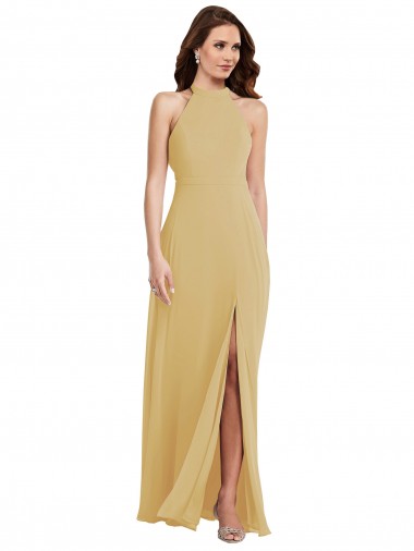 Chiffon Cabeçada Sem Mangas Criss Cruz Comprimento Chão Ouro Longo Vestidos de Madrinha Baratos