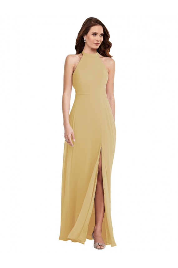 Chiffon Cabeçada Sem Mangas Criss Cruz Comprimento Chão Ouro Longo Vestidos de Madrinha Baratos