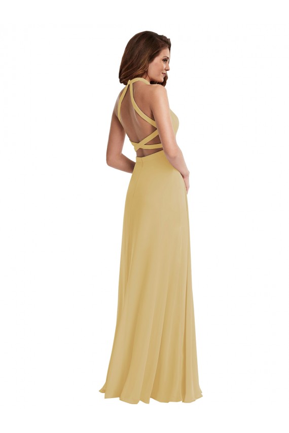 Chiffon Cabeçada Sem Mangas Criss Cruz Comprimento Chão Ouro Longo Vestidos de Madrinha Baratos