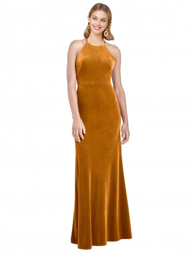 Veludo Elástico Cabeçada Sem Mangas Criss Cruz Comprimento Chão Vestidos de Madrinha / Vestidos de Noite / Vestidos de Festa Baratos