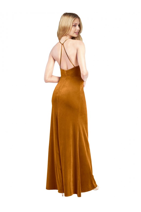 Veludo Elástico Cabeçada Sem Mangas Criss Cruz Comprimento Chão Vestidos de Madrinha / Vestidos de Noite / Vestidos de Festa Baratos