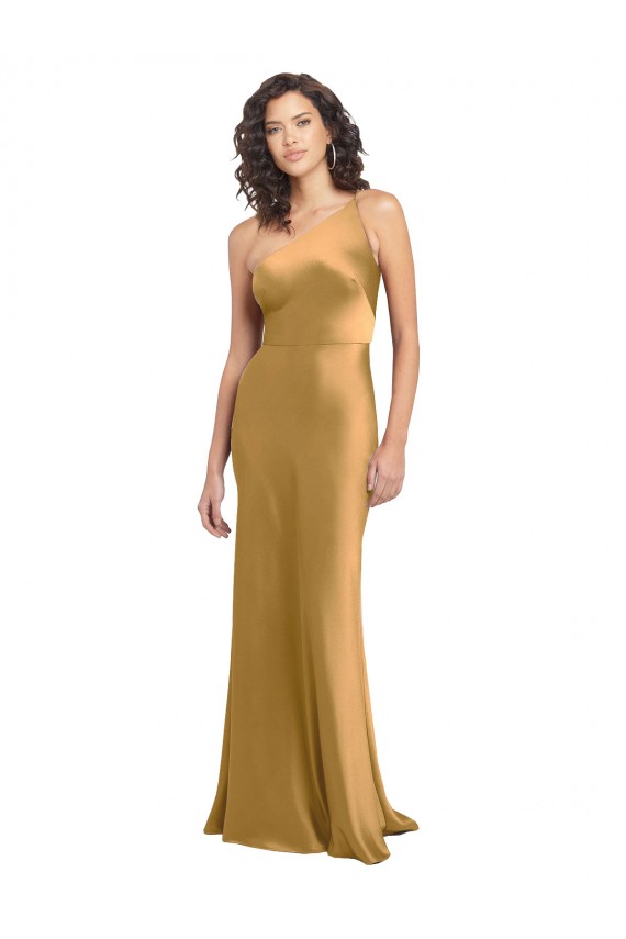Cetim Elástico Um Ombro Sem Mangas Comprimento Chão Vestidos de Madrinha / Vestidos de Noite / Vestidos de Festa Baratos