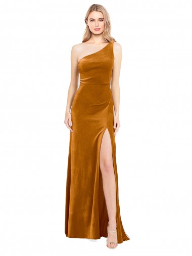 Veludo Elástico Um Ombro Sem Mangas Comprimento Chão Linha A Vestidos de Madrinha / Vestidos de Noite / Vestidos de Festa Baratos