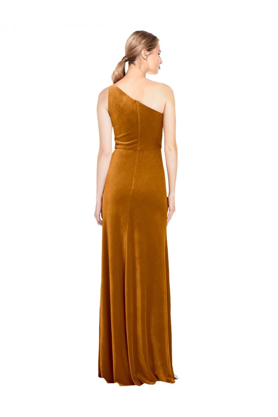 Veludo Elástico Um Ombro Sem Mangas Comprimento Chão Linha A Vestidos de Madrinha / Vestidos de Noite / Vestidos de Festa Baratos