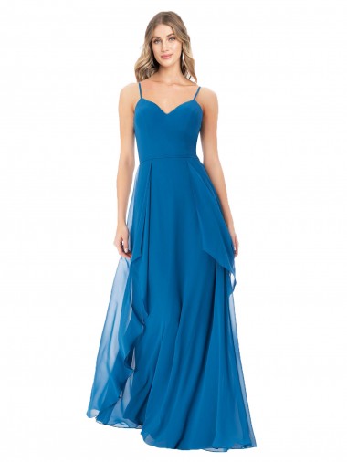 Chiffon Alças finas Sem Mangas Comprimento Chão Linha A Pavão Azul Vestidos de Madrinha Baratos