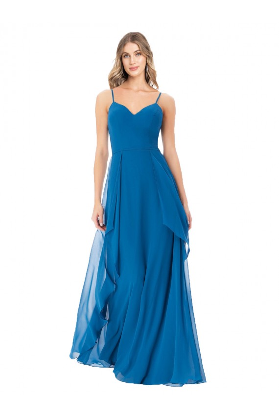 Chiffon Alças finas Sem Mangas Comprimento Chão Linha A Pavão Azul Vestidos de Madrinha Baratos