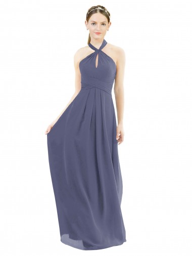 Chiffon Cabeçada Sem Mangas Lombar Comprimento Chão Linha A Longo Vestidos de Madrinha Baratos