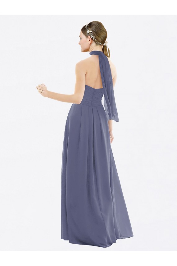 Chiffon Cabeçada Sem Mangas Lombar Comprimento Chão Linha A Longo Vestidos de Madrinha Baratos
