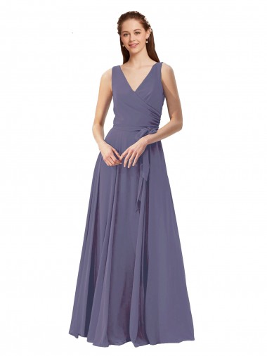 Chiffon Decote V Sem Mangas Comprimento Chão Pedra Prateada Linha A Vestidos de Madrinha Baratos