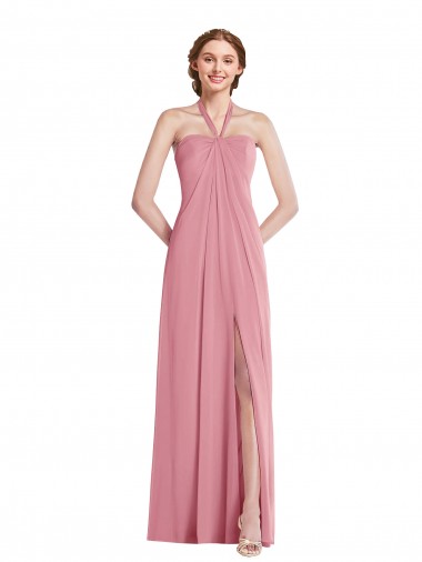 Chiffon Cabeçada Sem Mangas Abrir de volta Comprimento Chão Linha A Pele Rosa Vestidos de Madrinha Baratos