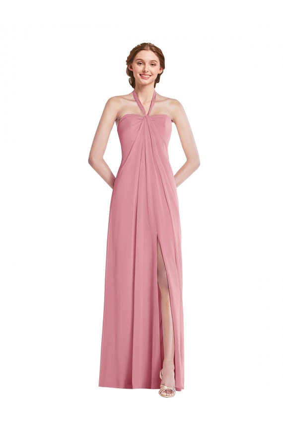 Chiffon Cabeçada Sem Mangas Abrir de volta Comprimento Chão Linha A Pele Rosa Vestidos de Madrinha Baratos