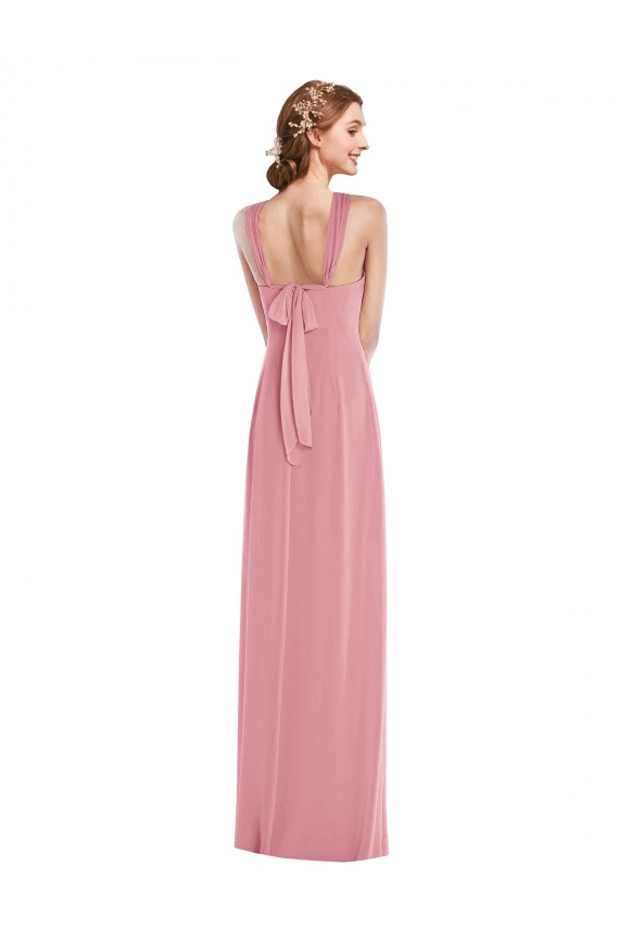 Chiffon Cabeçada Sem Mangas Abrir de volta Comprimento Chão Linha A Pele Rosa Vestidos de Madrinha Baratos