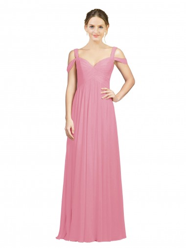 Chiffon Fora do Ombro Sem Mangas Comprimento Chão Pele Rosa Linha A Vestidos de Madrinha Baratos
