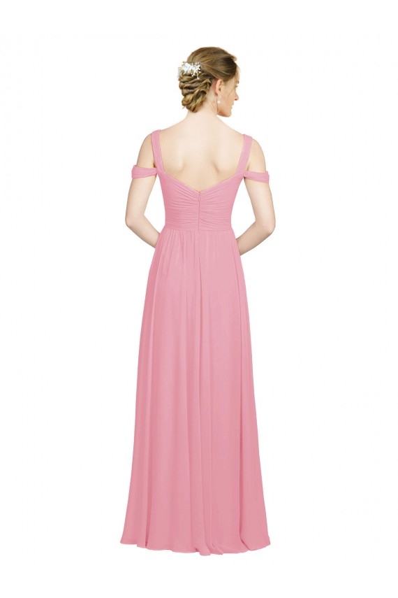 Chiffon Fora do Ombro Sem Mangas Comprimento Chão Pele Rosa Linha A Vestidos de Madrinha Baratos