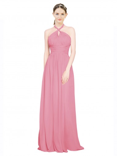 Chiffon Cabeçada Sem Mangas Comprimento Chão Pele Rosa Linha A Vestidos de Madrinha Baratos