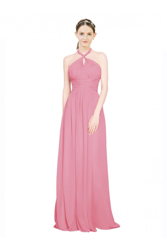 Chiffon Cabeçada Sem Mangas Comprimento Chão Pele Rosa Linha A Vestidos de Madrinha Baratos
