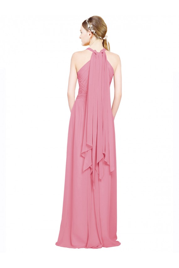 Chiffon Cabeçada Sem Mangas Comprimento Chão Pele Rosa Linha A Vestidos de Madrinha Baratos