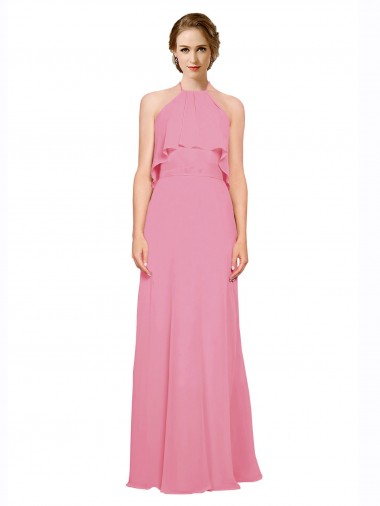 Chiffon Cabeçada Sem Mangas Lombar Comprimento Chão Linha A Vestidos de Madrinha Baratos