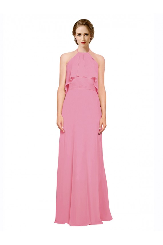 Chiffon Cabeçada Sem Mangas Lombar Comprimento Chão Linha A Vestidos de Madrinha Baratos