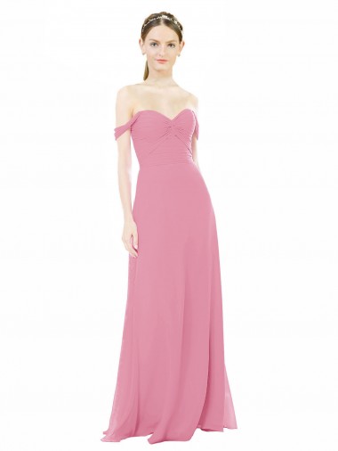Chiffon Fora do Ombro Mangas Curtas Comprimento Chão Pele Rosa Linha A Vestidos de Madrinha Baratos
