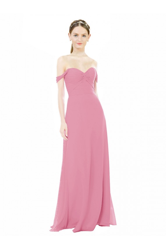 Chiffon Fora do Ombro Mangas Curtas Comprimento Chão Pele Rosa Linha A Vestidos de Madrinha Baratos
