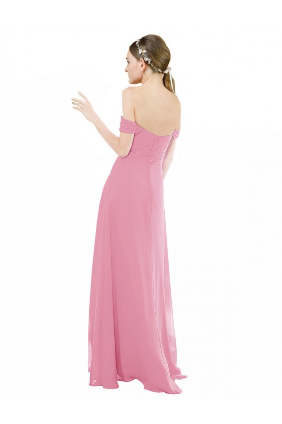 Chiffon Fora do Ombro Mangas Curtas Comprimento Chão Pele Rosa Linha A Vestidos de Madrinha Baratos