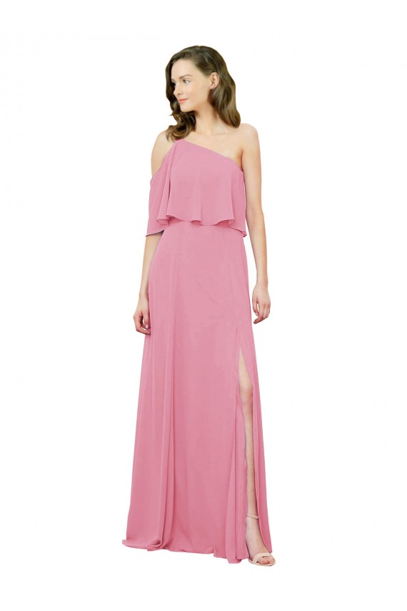 Chiffon Um Ombro Sem Mangas Comprimento Chão Linha A Vestidos de Festa Baratos