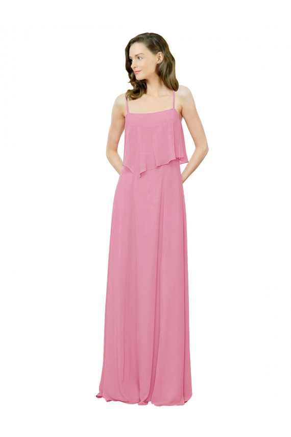 Chiffon Alças finas Sem Mangas Comprimento Chão Pele Rosa Linha A Vestidos de Madrinha Baratos