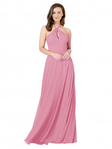 Chiffon Cabeçada Sem Mangas Buraco da fechadura Comprimento Chão Vestidos de Madrinha / Vestidos de Festa Baratos